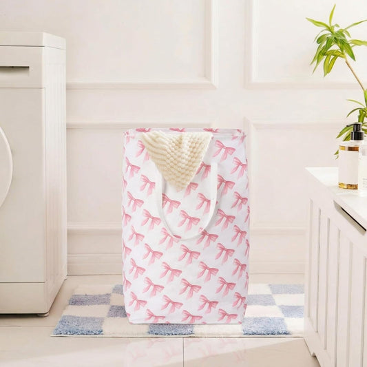 Leinuosen 2 Pcs 80l Large Bow Pink Laundry Hamper Basket with Waterproof Inner Lining, Collapsible Pink Clothes Storage Baskets Bin with Handles for Bedroom, Nursery & Home Organization(Pastel)