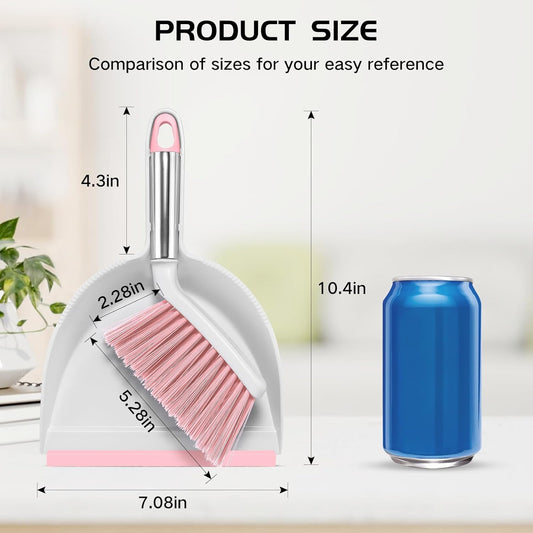 NACENA Mini Broom and Dustpan Set, Small Dust Pan and Brush Set with Handle Dustpan Teeth for Cleaning Hair Suitable for Office Desks Drawers Sofas Outdoor Camping, Pink