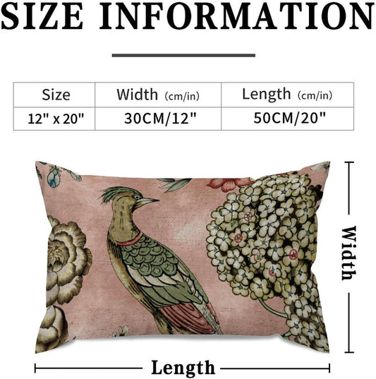 ArogGeld Chinoiserie Cushion Cover Pink Blush Chinoiserie Bird Throw Lumbar Pillow Cover Hydrangea Camellia and Peacock Pillow Cases Farmhouse Decor for Living Room Bedroom 12x20in White Flax