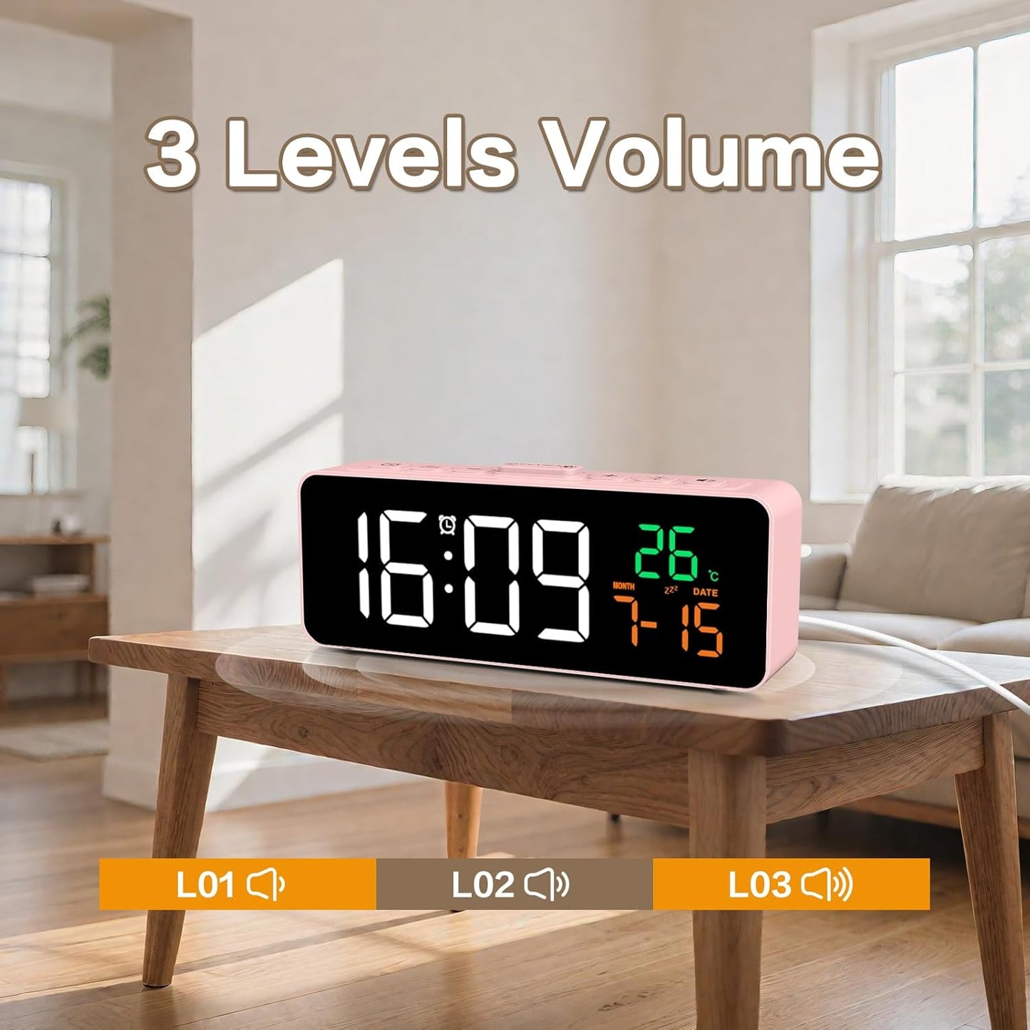Netzu 3-in-1 Digital Clocks for Living Room with Temperature, Date & Time Display - 4 Levels Birghtness, 3 Volumes, Small & Compact Plug-in Alarm Clock for Bedroom Pink