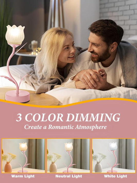 Tulips Flower Table Lamp,Cute 3 Colors Modes Vintage Bedside Flowers Night Light for Bedroom Living Room Office Girl's Room Nightstand Lighting LED Reading Tulip Desk Lamps Home Decor (Pink)