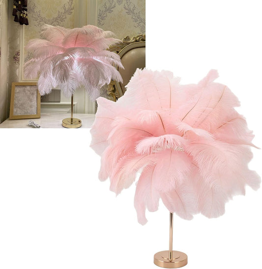 NFNSIG Feather Table Lamp, Touch Switch USB Ostrich Feather Lamp with Gold Metal Base, 3 Color Dimmable Romantic Bedroom Bedside Lamp, Modern Decorative Bedside Light for Bedroom Nightstand(Pink)
