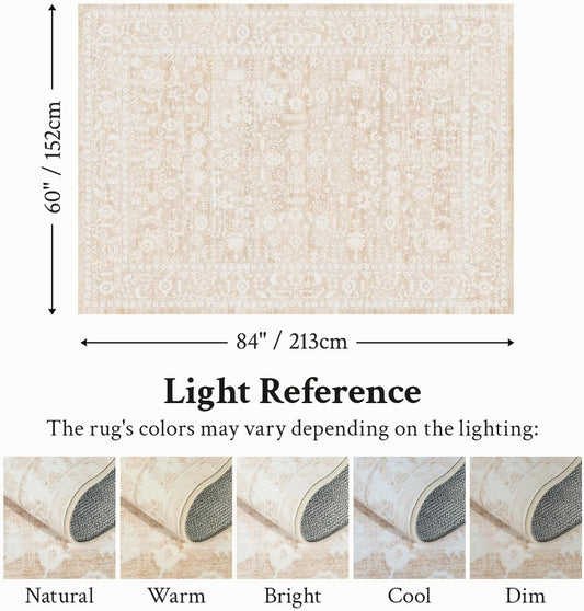 Beige Floral Washable 5x7 Area Rugs for Living Room, Vintage Neutral Non Slip Bedroom Rug, Indoor Retro Soft Distressed Carpet for Home Office Dorm Dining Room