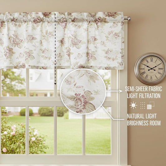 DaDa Bedding Dainty Floral Rose Garden Window Curtain Valance - Semi Sheer Natural Lighting Botanical Straight Tailored Edge - Vintage Ivory White Pastel Green Pink Kitchen Decor - 18" x 52"