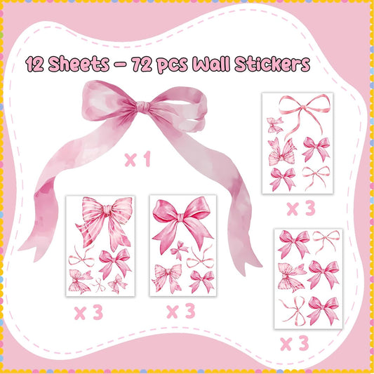 WallWhim Pink Bow Stickers for Kids Room, Bow Wall Decor Stickers for Teens Girls, 13 Sheets 72 Pcs UV PVC DIY Removable Stickers for Nursery, Bedroom, Classroom Decor