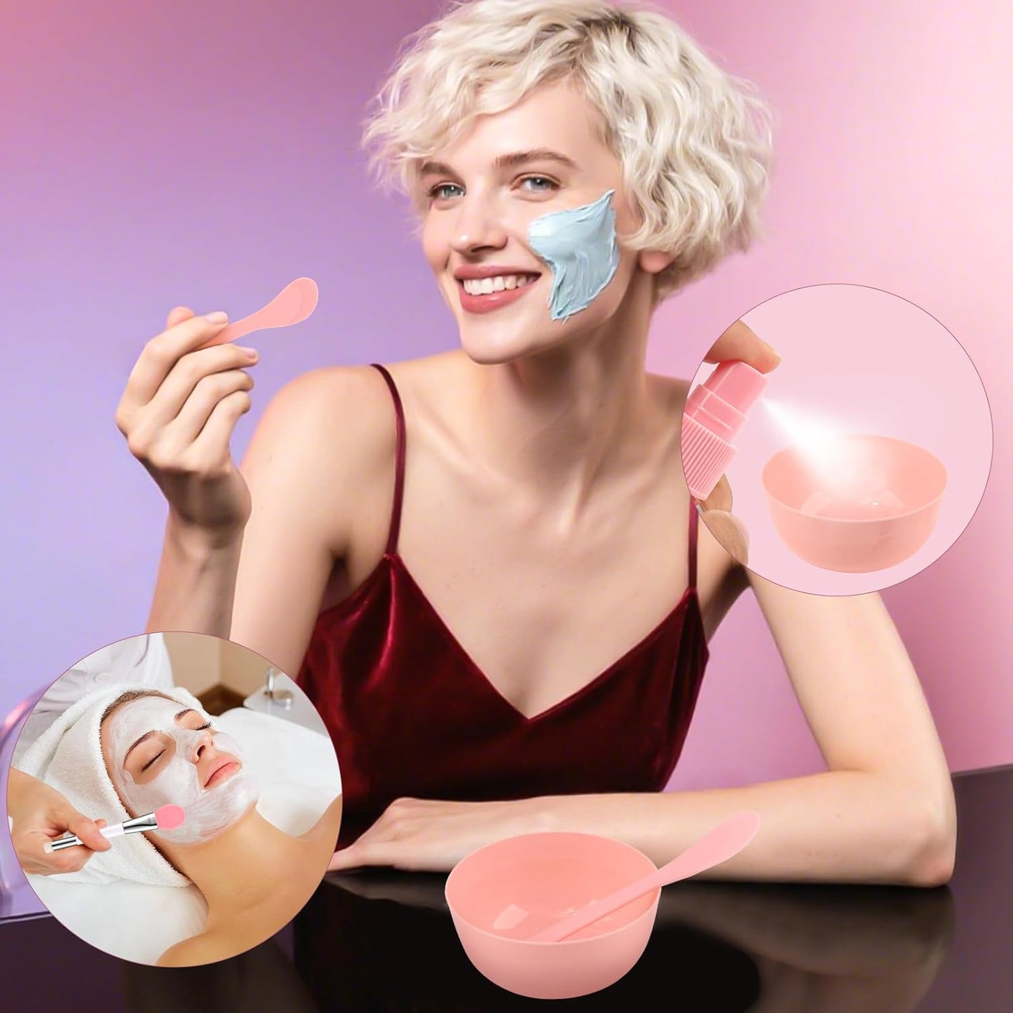 Face Mask Mixing Bowl Set, 16 Pcs DIY Facemask Mixing Tool Kit with Facial Mask Bowl Stick Spatula Silicone Brush (Pink)