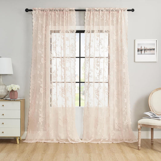 SEEKRIGHT Blush Pink Lace Curtains - 84 Inch Long, 2 Panel French Floral Sheer Curtains for Living Room & Bedroom - Vintage Victorian Style, Rod Pocket, Light Filtering Edges, Drapes - 52x84