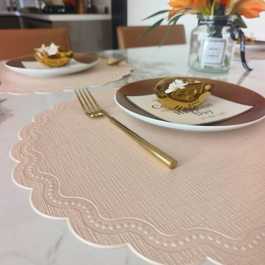 Round Placemats Set of 6, 15 Inch Scalloped PU Faux Leather Easy Wipe Kitchen Dining Mats (Nude Pink Gold)