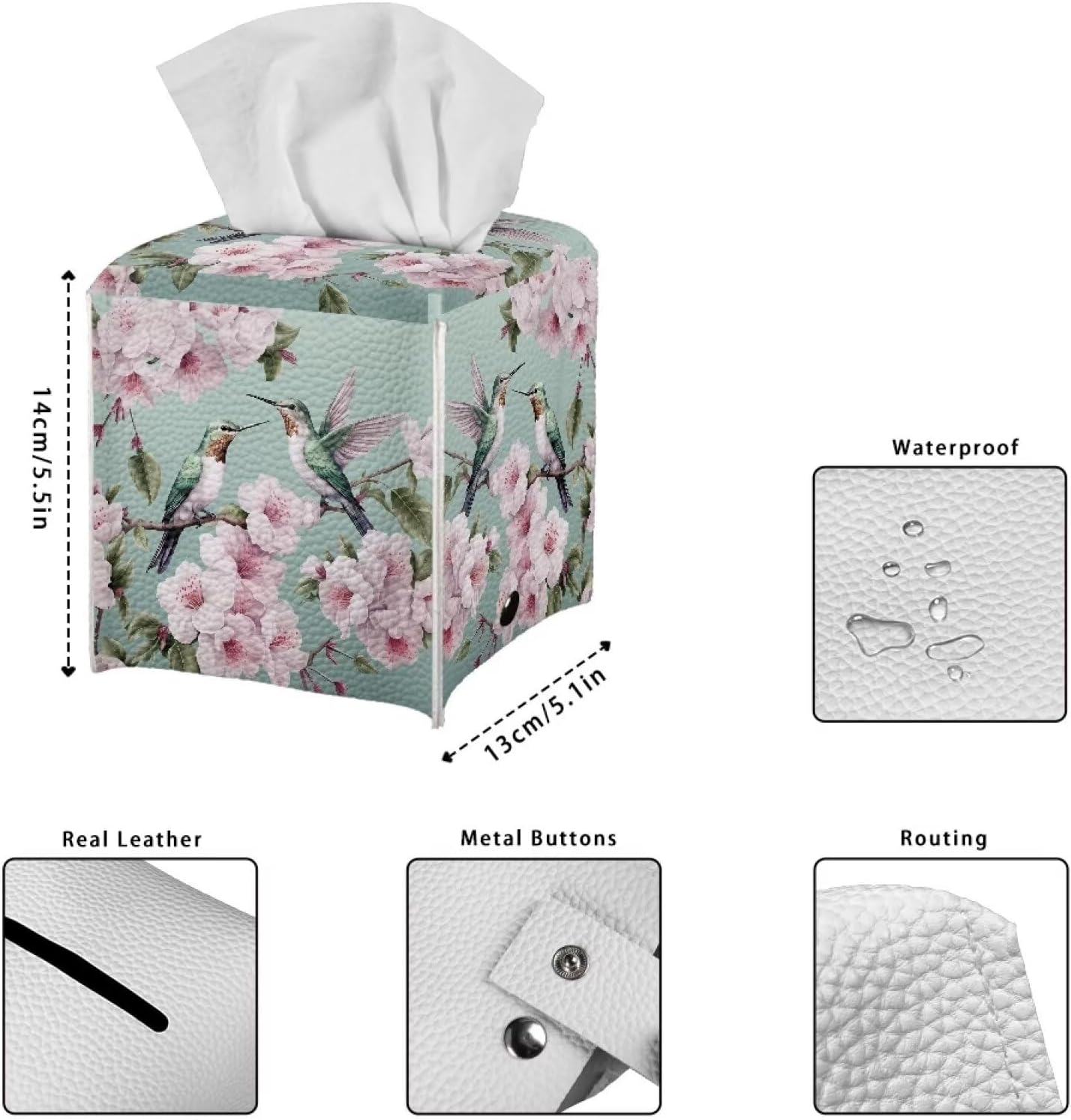 Lotusorchid Peach Blossom Tissue Box Cover, Hummingbird Print, Pink PU Leather, Square, Decorative