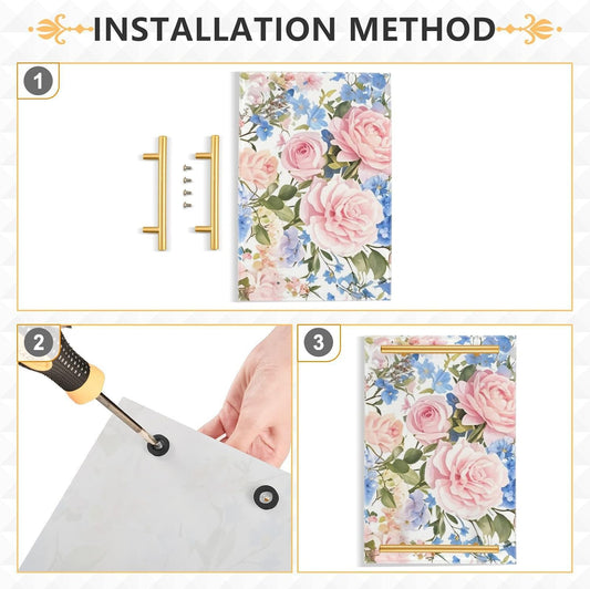 Pink Blue Vintage Rose Decorative Beverage Tray with Handles Coffee Table Trays for Jewelry Perfume for Modern Serving bandejas para servir con asas