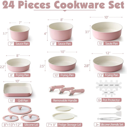 SENSARTE 24 Piece Ceramic Pots and Pans Set, Nonstick Detachable Handle Cookware, Induction Kitchen Cookware Set with Removable Handle, Healthy Non Stick for RV, Dishwasher&Oven Safe, PFOA Free (Pink)