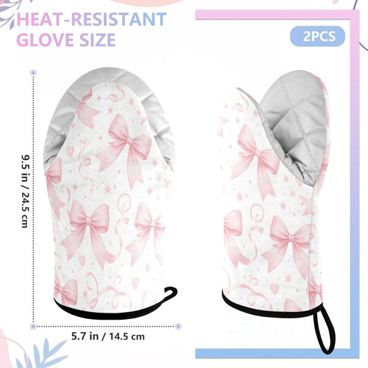 Bows Watercolor Pink Non-Slip Oven Mitts Set Heat Resistant Kitchen Gloves with Quilted Liner Cotton Machine Washable with Hanging Loop for Baking Grilling BBQ