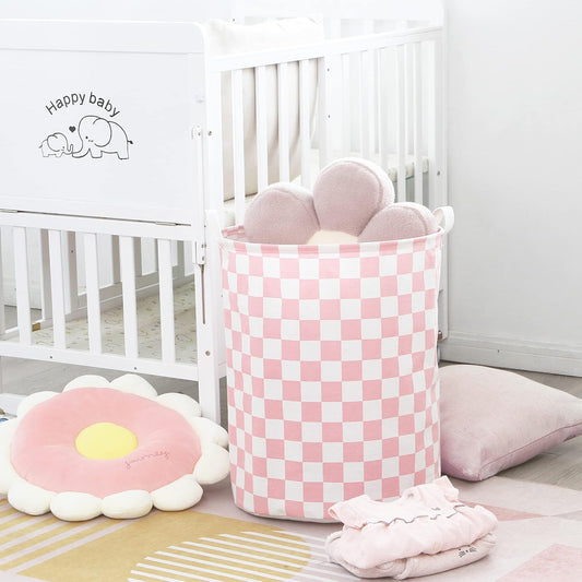 Sea Team 19.7 Inches Large Sized Waterproof Coating Ramie Cotton Fabric Folding Laundry Hamper Bucket Cylindric Burlap Canvas Storage Basket with Stylish Grid Pink Design