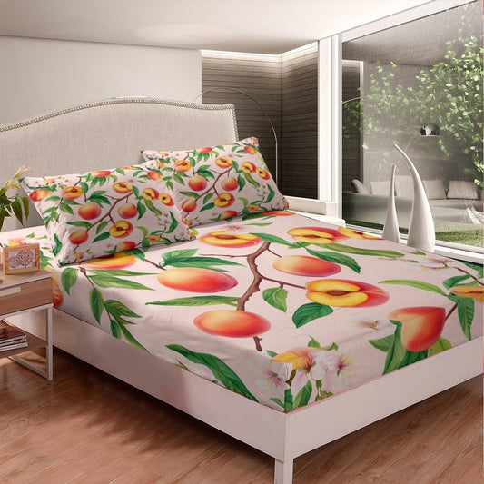 Peach Blossom Fitted Sheet Queen Size Fresh Fruits Bedding Set Girly Peach Sheet Set,Pink Peach Blossom Bed Cover Ultra Soft Breathable Bedspread 3 Pcs for Kids Teens Boys