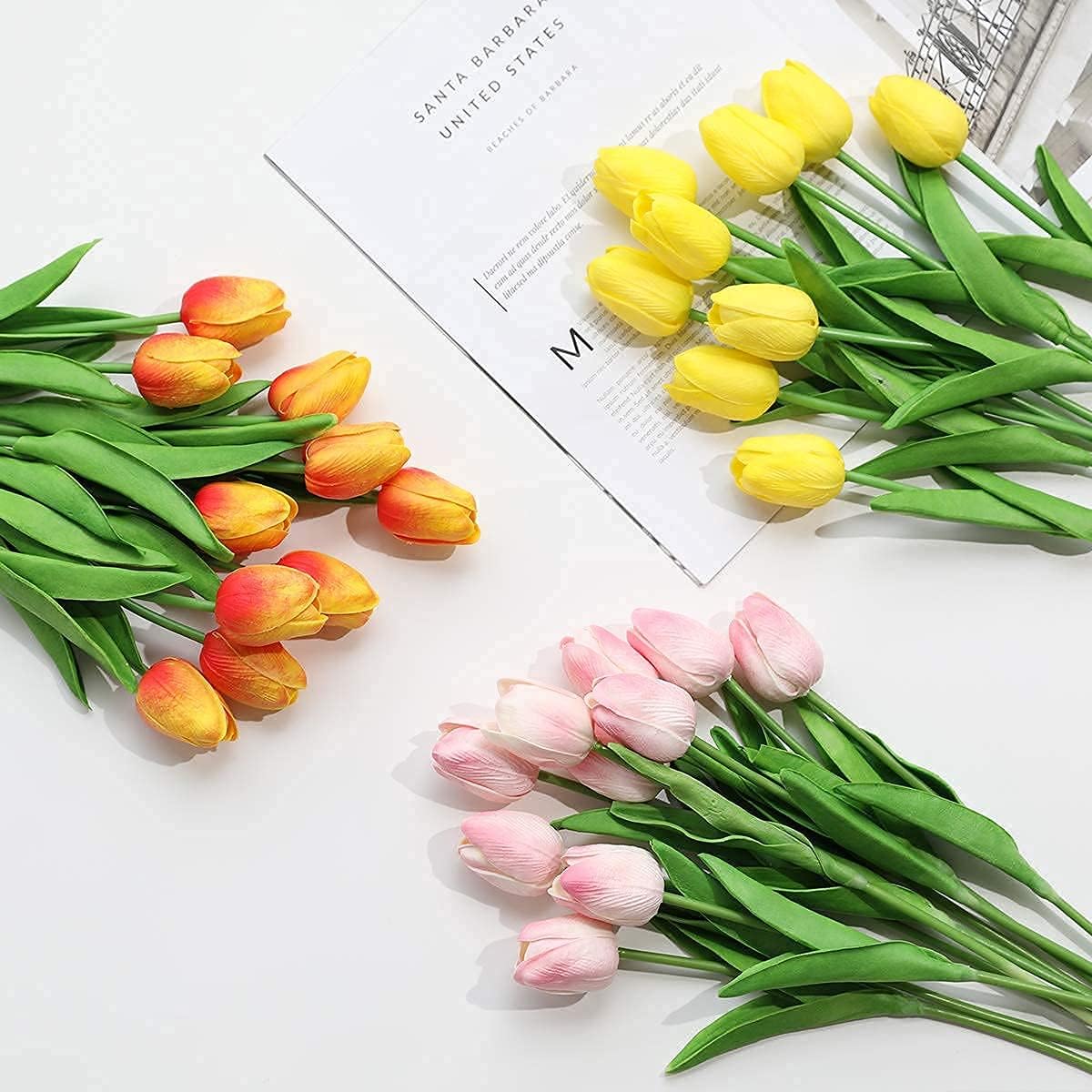 Kisflower 30Pcs Latex Tulips Real Touch Pink Artificial Flowers Fake Tulips Arrangement Bouquet for Home Office Wedding Decor (Pink)
