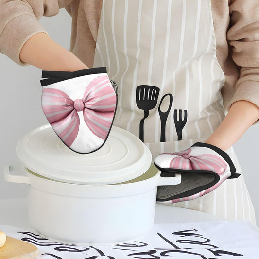 Light Pink Bow Balloon Candy Stripe Pattern Mini Silicone Oven Mitts Heat and Slip Resistant Kitchen Mittens,Short Oven Gloves for Safe Cooking Baking & Grill,5.9"X5.9"