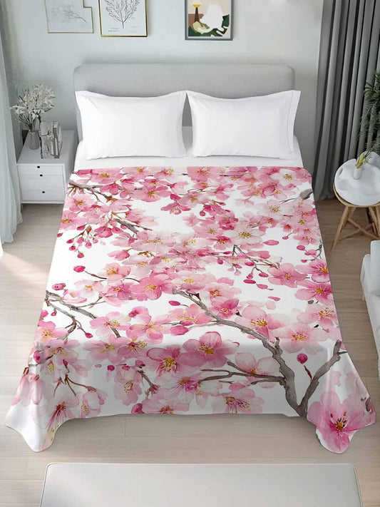 Spring Peach Flowers Full Size Flat Sheet Only, Hotel Luxury Microfiber Bed Top Sheets, Pink Botanical Floral Leaves Branch Soft Breathable Bedding Sheet for Bedroom, Easy Care - 81" x 96"