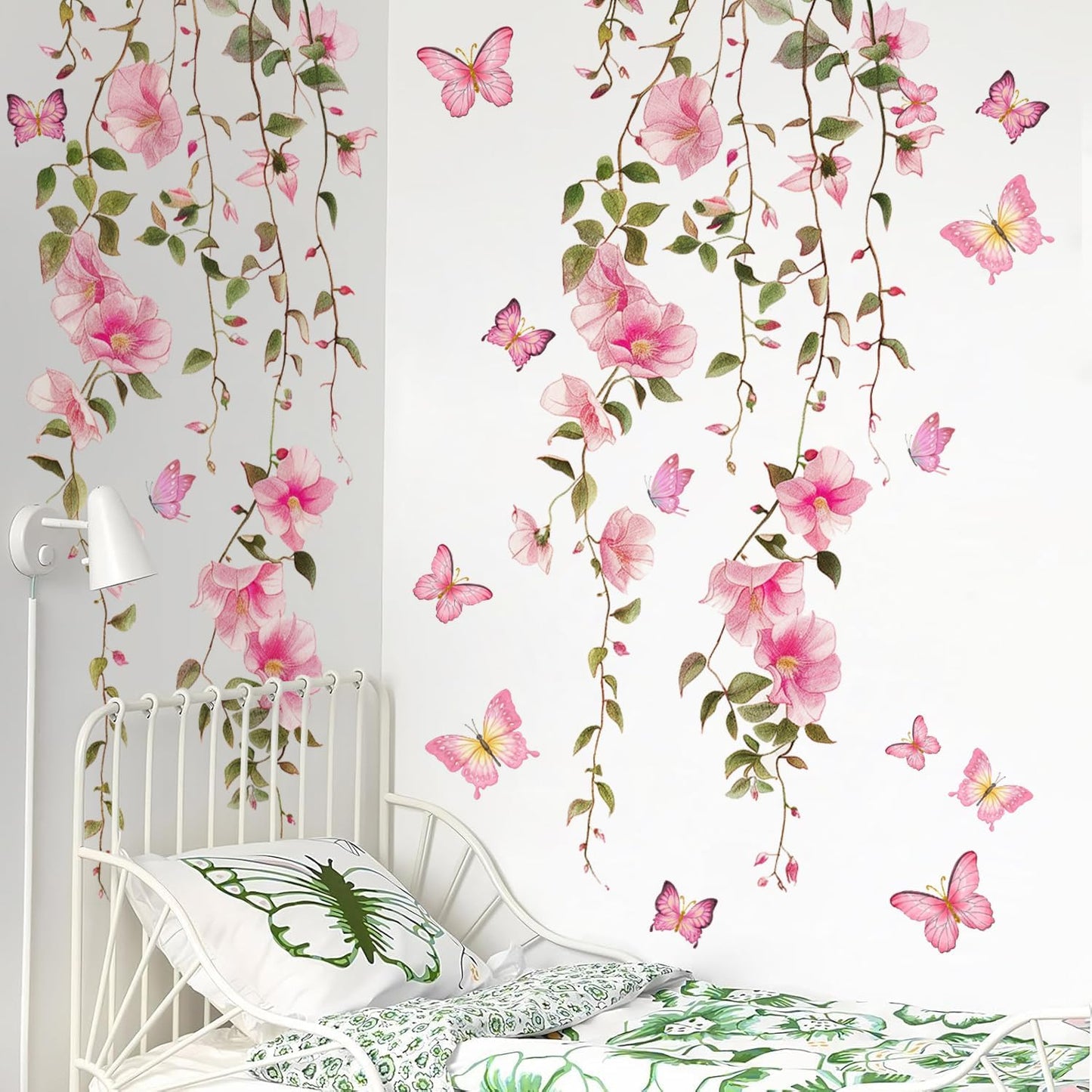 2 Sheets Removable Hanging Pink Vine Flowers Wall Decal Green Leaves Wall Decal DIY Pink Butterfly Stickers Self-Adhesive Art Decor for Girls Room Living Room Bedroom TV Backdrop Decor