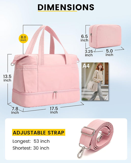 Vorspack Duffle Bag for Travel - 30L Gym Bag for Women Men Personal Item Travel Bag with Shoe Pocket Toiletry Bag Lightweight Carry On Bag for Weekender Overnight Sports - Pink