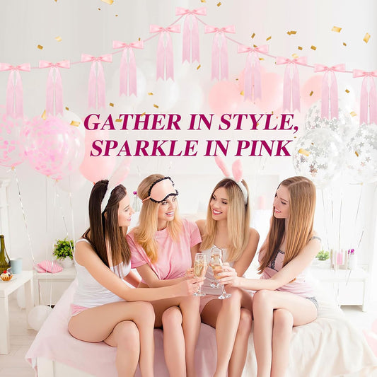 Pink Bow Garland for Party Decorations - 6.6ft x 2 Pre-Strung Hanging Banners for Coquette Birthday, Bridal Shower, Wedding, Engagement, Bachelorette, Women Girl Baby Shower Supplies