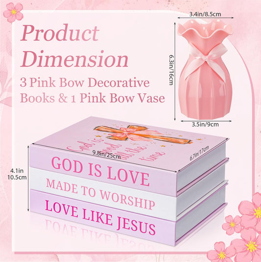 Novabright 4 Pcs Pink Bow Decorative Books and Vase Set, Coquette Room Decor Christian Preppy Fake Books Magnetic Storage Box Bible Verse Scripture Gifts Cute Faux Book Stack for Bookshelf Home Decor
