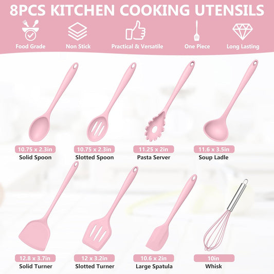 TeamFar Silicone Cooking Utensils Set, 8 PCS Kitchen Utensils Set, 446°F Heat Resistant, Turner, Spatula, Spoon, Whisk, Kitchen Cooking Gadgets Tools for Nonstick Cookware, Dishwasher Safe-Pink