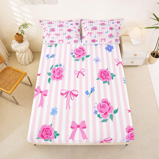 Feelyou Cute Bow Bed Sheets Set Queen Size Romantic Rose Flower Deep Pocket Fitted Sheet Bow Tie Striped Bedding Sets Soft Bed Set 4Pcs with 2 Pillow Cases