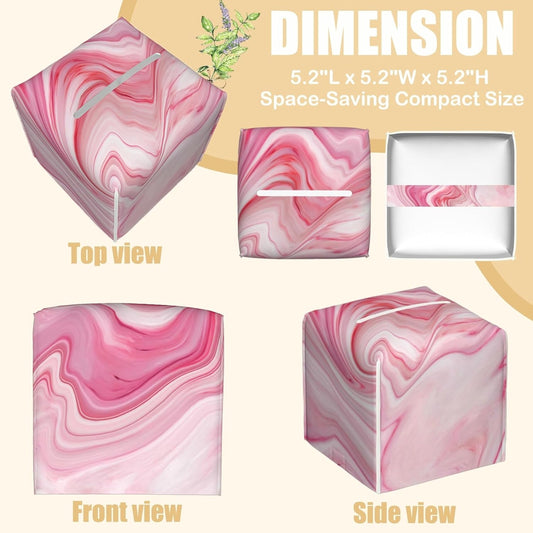 Pink Liquid Marble Tissue Box Cover Square, Tissue Box Holder with Bottom Belt Leather Facial Paper Organizer Dispenser for Bathroom Bedroom Dresser Night Stand Tabletop