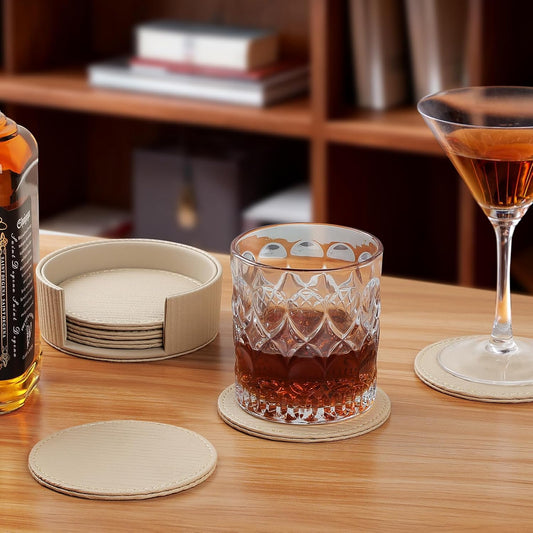 Leather Coasters Set of 6 with Holder, Tabletop Protection, Coffee Table & Bar Decoration, Modern-Style Drink Coasters Suitable for Home Dining Tables & Kitchen Accessories (Beige Stripe)