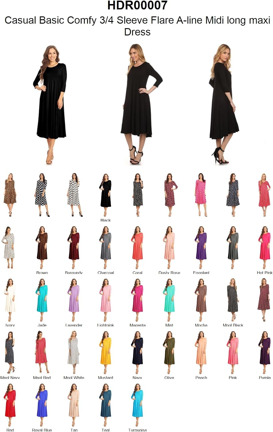 Women's Casual Basic Comfy 3/4 Sleeve Flare A-line Midi Long Maxi Dress(S-3XL)