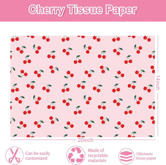 JarThenaAMCS 100 Sheets Cherry Tissue Paper Pink Gift Wrapping Paper Summer Fruit Decorative Art Tissue for DIY Crafts Small Business Birthday Party Decor, 14 x 20 Inch