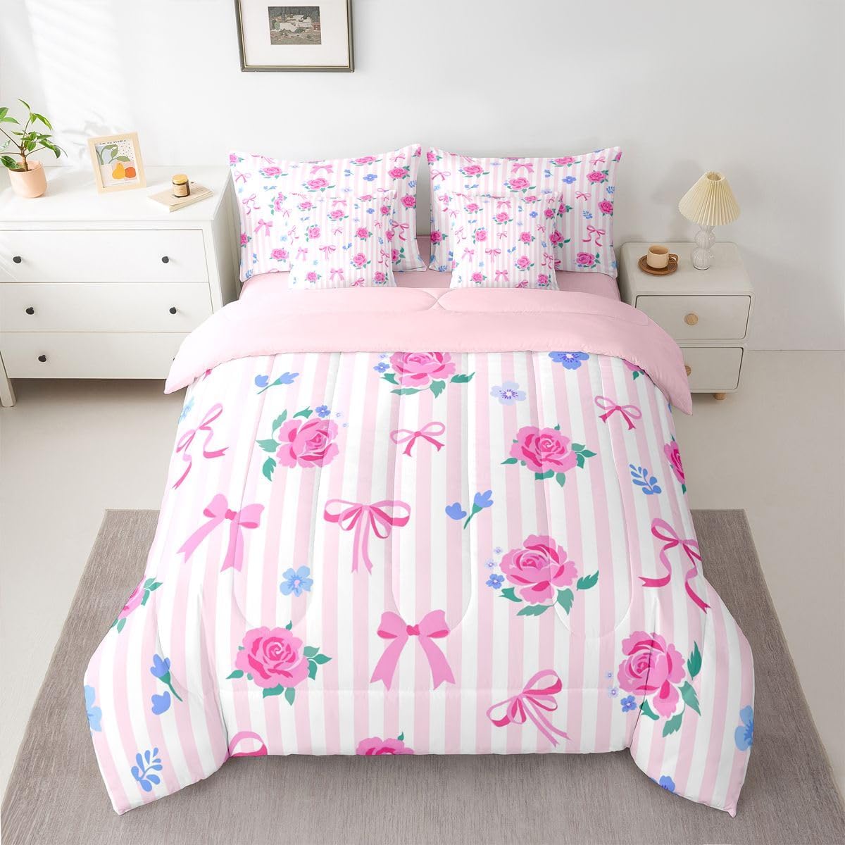 Feelyou Cute Bow Comforter Set with Sheets 7 Piece Queen Size Romantic Rose Flower Bed in a Bag Kids Boys Girls Bow Tie Striped Bedding Set Bedroom Decor Breathable Soft Lightweight Microfiber