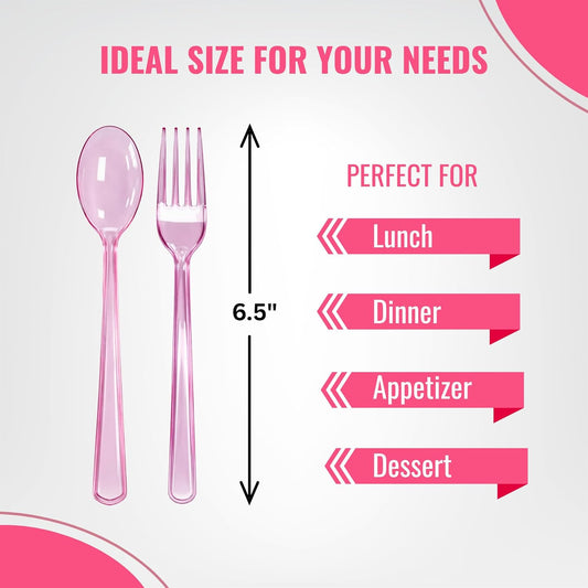 Blue Orchards Clear Pink Spoon and Fork Set (24 Each) – Heavy Duty Pink Translucent Utensils, Durable Disposable Colored Cutleries, Plastic Party Flatware for Birthdays, Baby Showers, Special Events