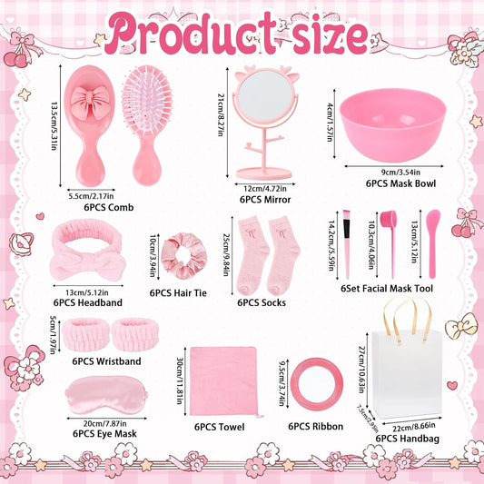 56 Pcs Pink Spa Sleepover Party Supplies Include Sleep Eye Mask Wristband Scrunchie Spa Headband with Coquette Bow Mirror Hair Comb Gift Bags for Women (Spa Party Favors(6 setd))