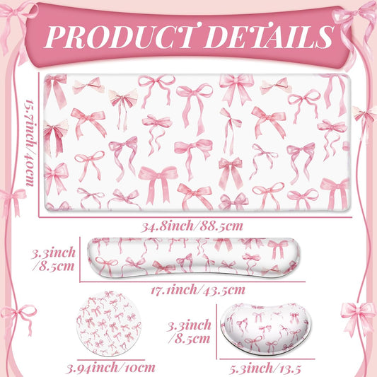 Relaxweex 4 Pcs Pink Bow Keyboard Mat and Mouse Pad Set Coquette Desk Mat Bowknot Mouse Pad with Wrist Rest Cute Keyboard Wrist Rest Preppy Cup Coasters Pink Ergonomic Design for Office Table Computer