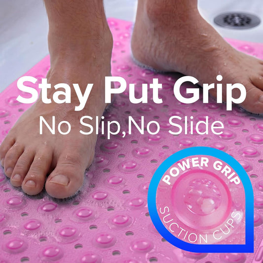 SlipX Solutions Power Grip Extra Long Bath Tub & Shower Mat 39x16, Wet Floor Non-Slip for Elderly & Kids Bathroom, 30% Longer Bathtub Mats, 200 Suction Cups, Drain Holes (1, Translucent Pink)