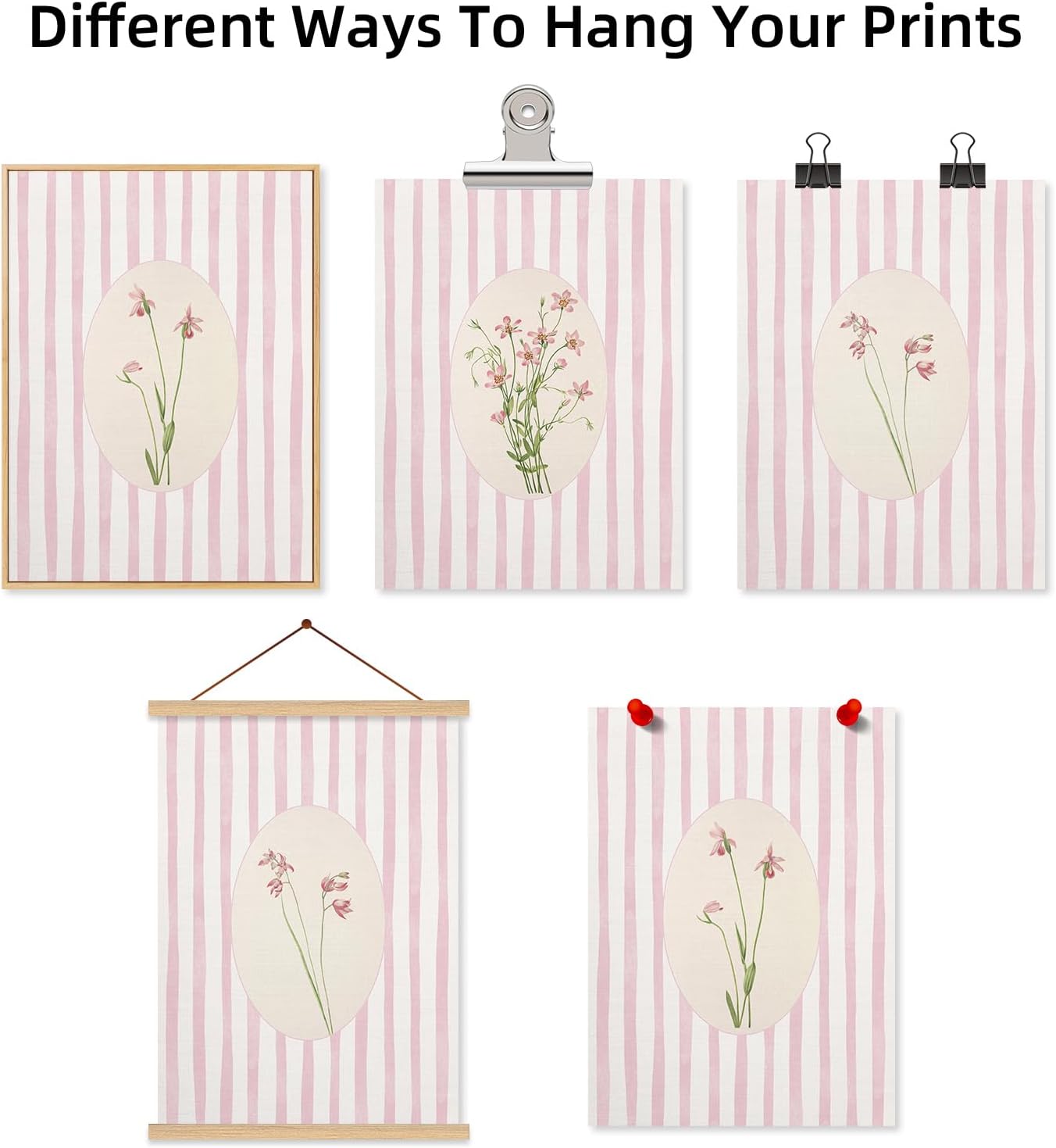 Youillne Pink Flower Wall Art Striped Floral Prints Botanical Canvas Wall Decor Aesthetic Pictures Pastel Pink Floral Poster Minimalist Flower Painting for Girl Room 12x16 Inch Unframed Set of 3
