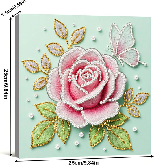 DIY Pink Rose Pearl Painting Kit for Adults & Beginners Plastic Round Pearl Bead Art with Pre-Printed Canvas and Frame, Handmade Christmas Holiday Craft, Home Wall Decor Gift Set