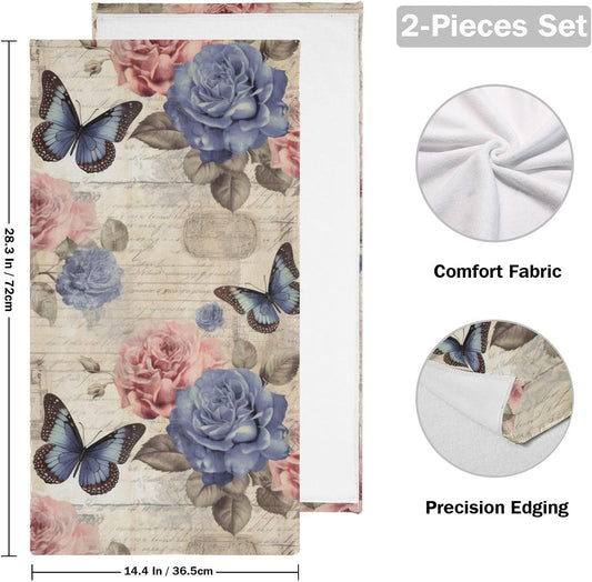 Vintage Pink Blue Rose Floral Butterfly Hand Towels for Bathroom Set of 2,Retro Peony Flower Decorative Bathroom Towels for Bath,Face,Hair,Soft Absorbent Dish Towels for Kitchen Decor 28"x14"