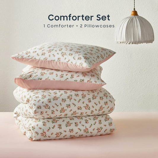 Wake In Cloud - Floral Comforter Set, Coquette Cottagecore Aesthetic Flower Shabby Chic Pattern for Women Teen Girls, Soft Lightweight Bedding, 3 Pieces, Peach Blush, Full Size