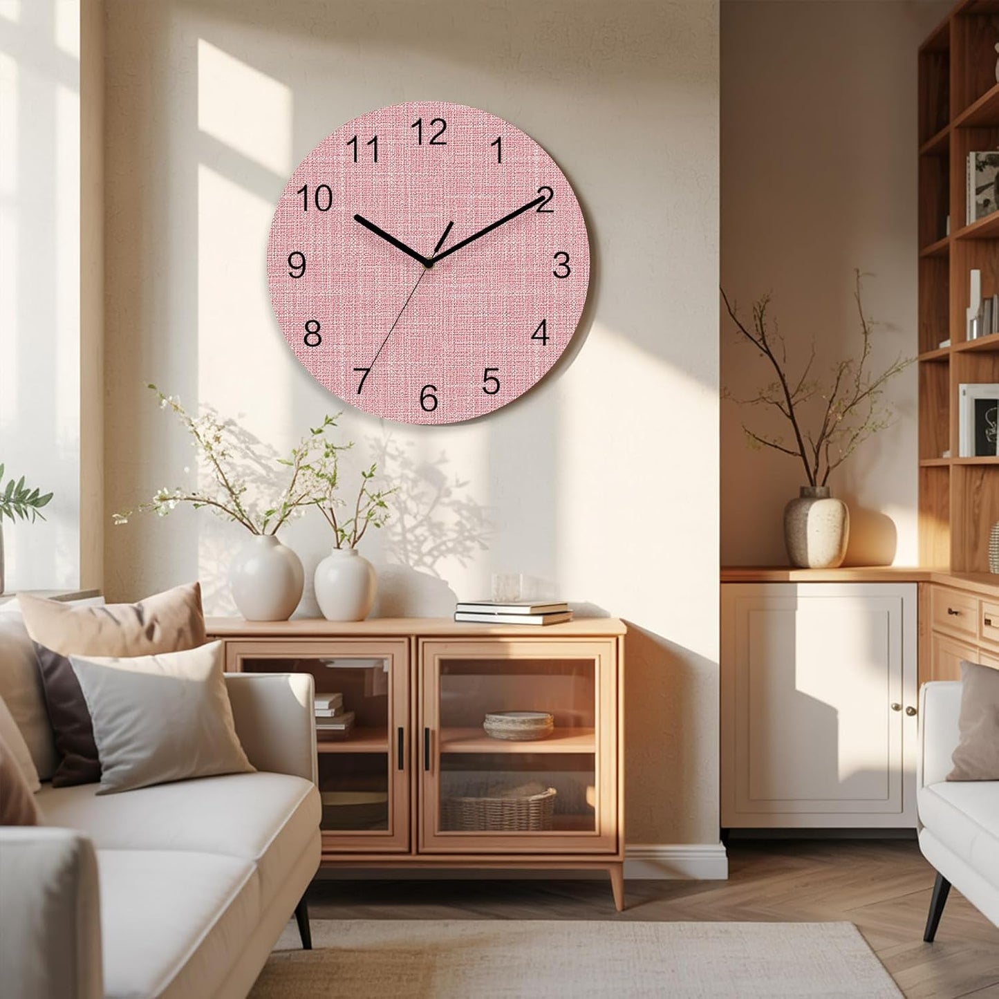 Coral Pink Linen Weave Wall Clock Battery Operated Non-Ticking 12" Round Wood Clocks, Soft Pastel Texture Kitchen Wall Clock for School Bathroom Living Room Home Office Wall Decor