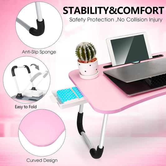 Foldable Lap Desk, 23.6 Inch Portable Wood Laptop Desk Table Workspace Organizer Bed Tray with iPad Slots, Cup Holder and Drawer, Anti-Slip for Working Reading Writing, Eating, Watching-Pink