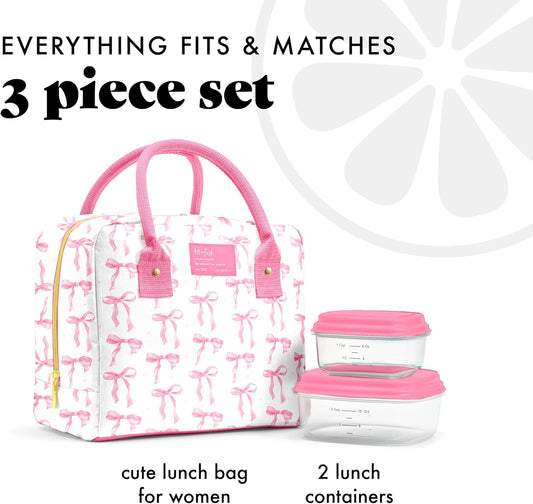 Fit & Fresh Bloomington Lunch Bag for Women - Insulated Large Lunch Box for Work with Containers, Leak-Resistant, Stain-Resistant, Zipper Closure, Pink Bows