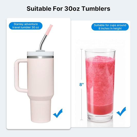 Repeatable Metal Straw with Silicone Tips for 30 oz Stanley Tumbler, 2 Pcs 30 oz Stainless Steel Straws Replacement for Stanley Tumbler, 1 Straw Brush, BPA Free(Light Pink)