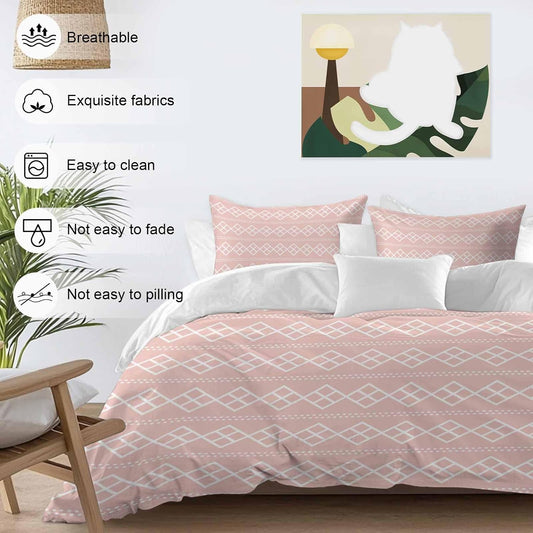 Peach Pink Checkered Full Bed Sheet Set - 3 Pieces (1 Fitted Sheet + 2 Pillowcases), Soft Microfiber Abstract White Geometric Argyle Stripe Sheets with Deep Pockets Decorative Bedding Set