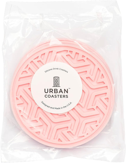Drink Coasters for Tabletop Protection - Set of 4 No-Slip Silicone Rubber Coasters for Coffee Table, Desk & More - USA-Made Coasters for Drinks w/Liquid-Catching Grooves (Light Pink)