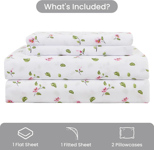 Mooreeke Queen Sheets Set - 4 Pieces Soft Breathable Microfiber Bed Sheet Set - Pink Flower Green Leaf Pattern Sheet Set - Deep Pocket Non-Slip Floral Printed Fitted Sheet Included for All Season