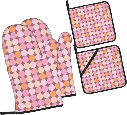 4 Pieces Oven Mitt and Pot Holder Sets, Pink and Orange Polka Dots Oven Mitts Set Heat Resistant Baking Gloves Kitchen Microwave for Cooking, BBQ