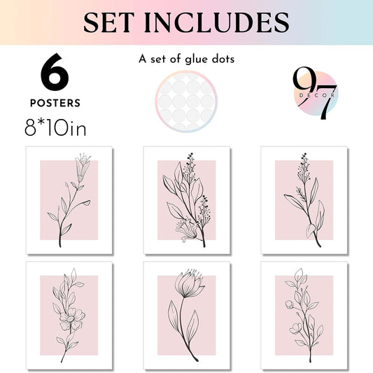 97 Decor Pink Botanical Wall Art - Pink Flower Wall Art Blush Floral Prints, Minimalist Plant Line Art Poster, Light Pink Flower Pictures Wall Decor, Botanical Artwork for Bedroom (8x10 Unframed)