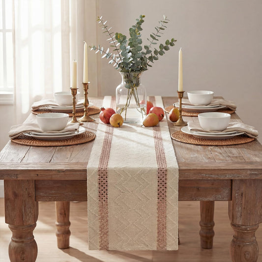 Artoid Mode Pink Stripe Woven Table Runner, Seasonal Holiday Hollow Kitchen Dining Table Decoration for Home Party Decor 12x72 Inch
